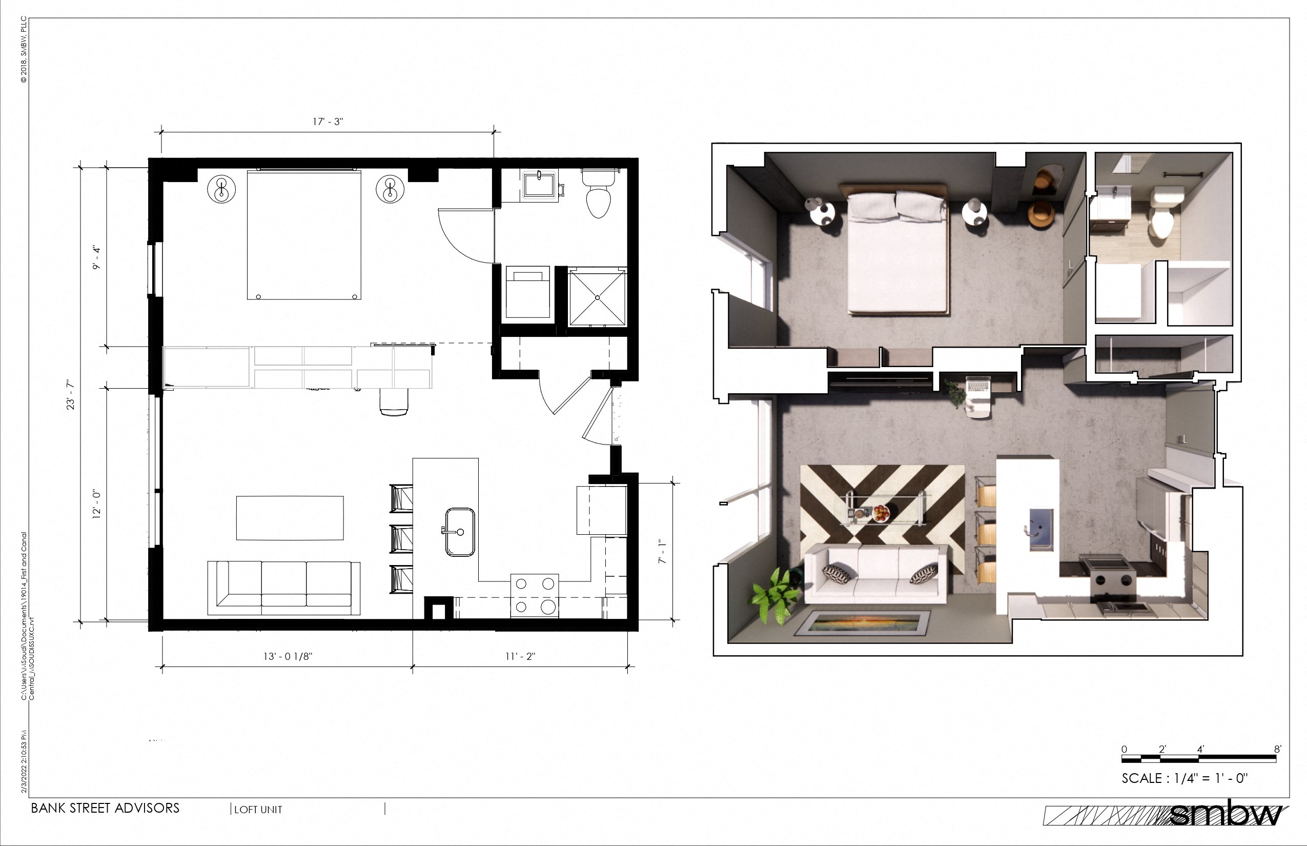 Floor plan for 1 bed, 1 bath, 624 sqft